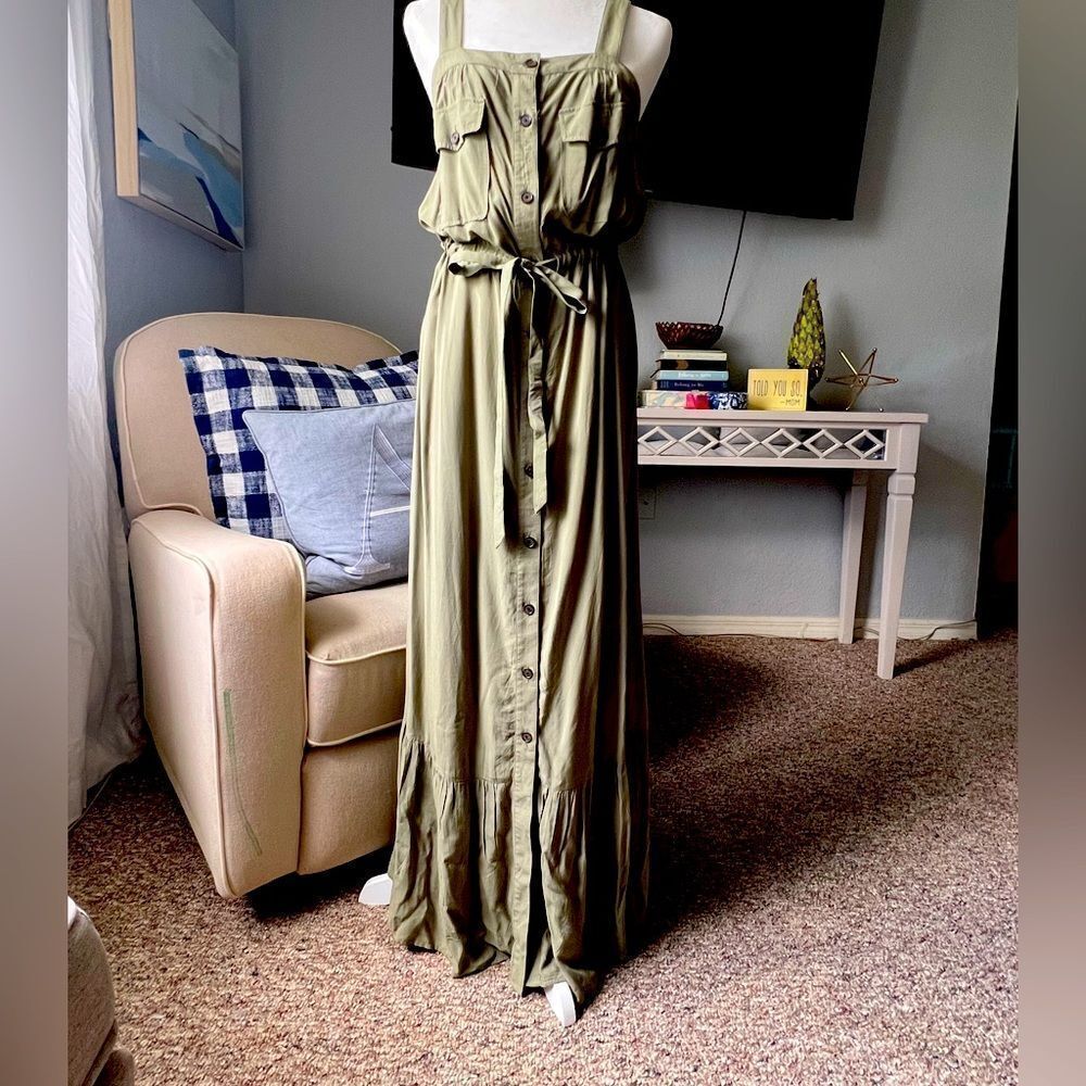 LOFT Olive Green Maxi Dress with Front Buttons and Tie Waist